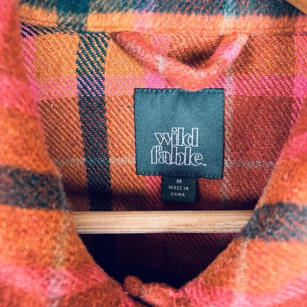 Wild Fable Women Sz M Flannel Shacket Plaid Orange Pink Shirt Jacket Wool‎ Blend